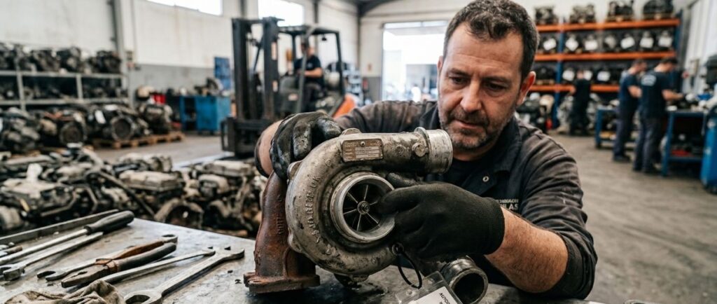 Profesional mecánico examinando turbo roto