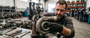 Profesional mecánico examinando turbo roto