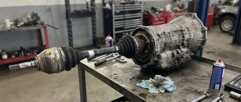 Transmisión de coche desmontada sobre la mesa del taller